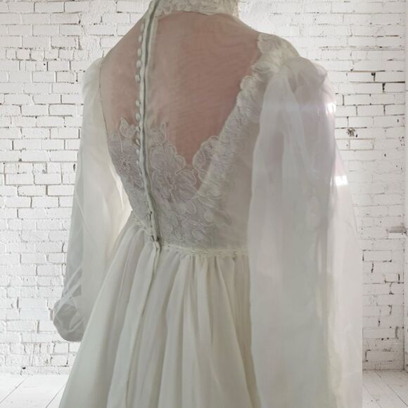 Vntg. Alfred Angelo Chiffon Wedding Dress High Neck Long Sleeves Bridal Gown - Picture 9 of 16